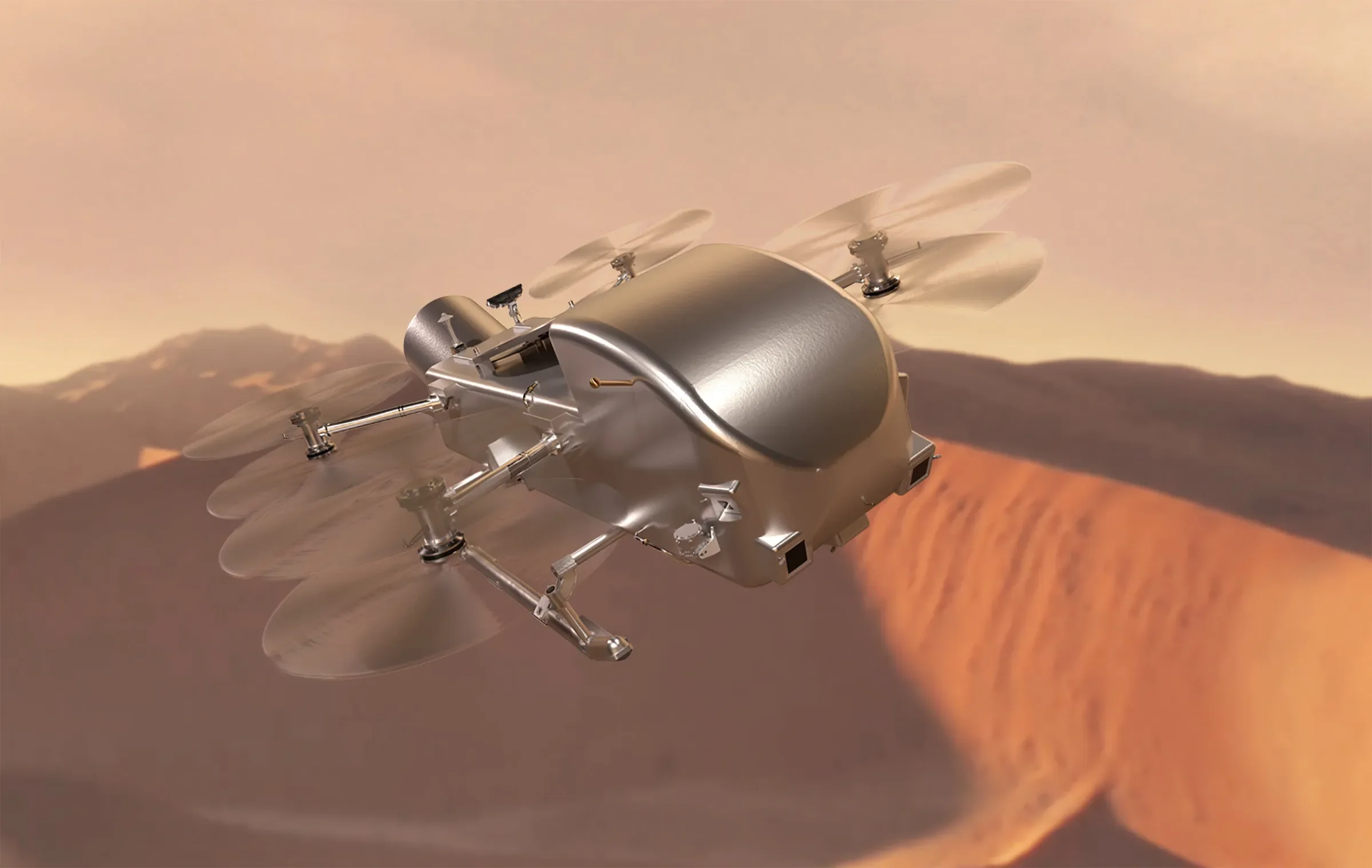 Recreación artística de Dragonfly, el revolucionario dron de la NASA que explorará la superficie de Titán a mediados de la década de 2030.