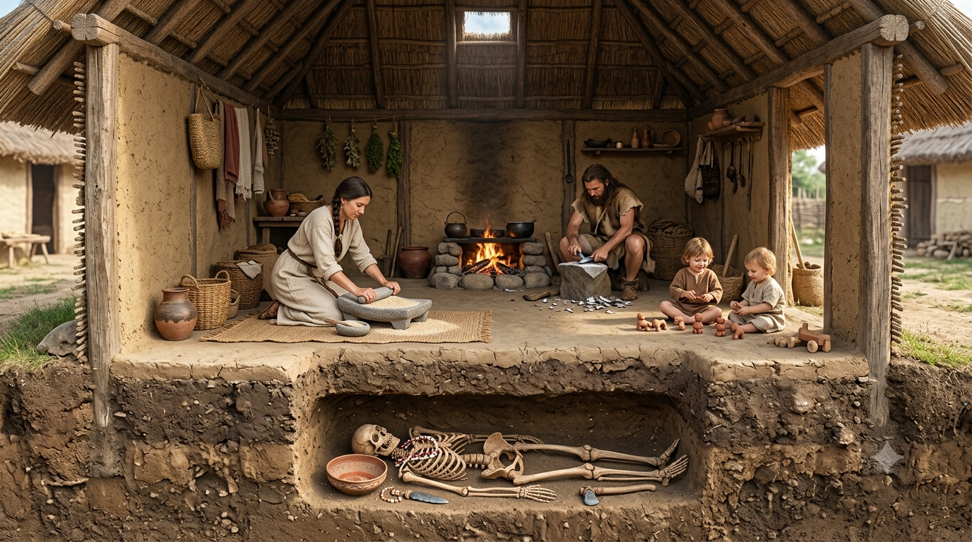 Reconstrucción artística de una vivienda neolítica donde la vida cotidiana transcurre sobre una sepultura intramuros.