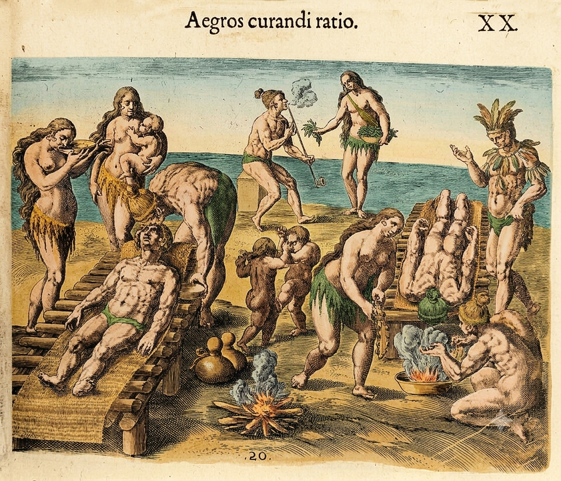 Este grabado del siglo XVI representa prácticas médicas atribuidas a los pueblos indígenas de América.