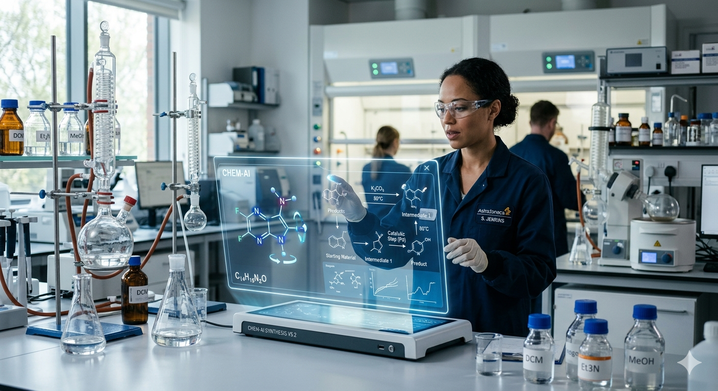 una investigadora interactuando con una interfaz basada en inteligencia artificial que muestra rutas de síntesis y estructuras moleculares, un ejemplo de cómo sistemas como Synthegy permiten diseñar moléculas mediante lenguaje natural.