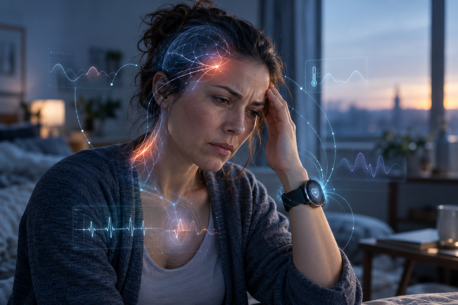 Recreación de cómo la inteligencia artificial podría anticipar un dolor de cabeza analizando el ritmo cardíaco, la temperatura de la piel y la tensión muscular.