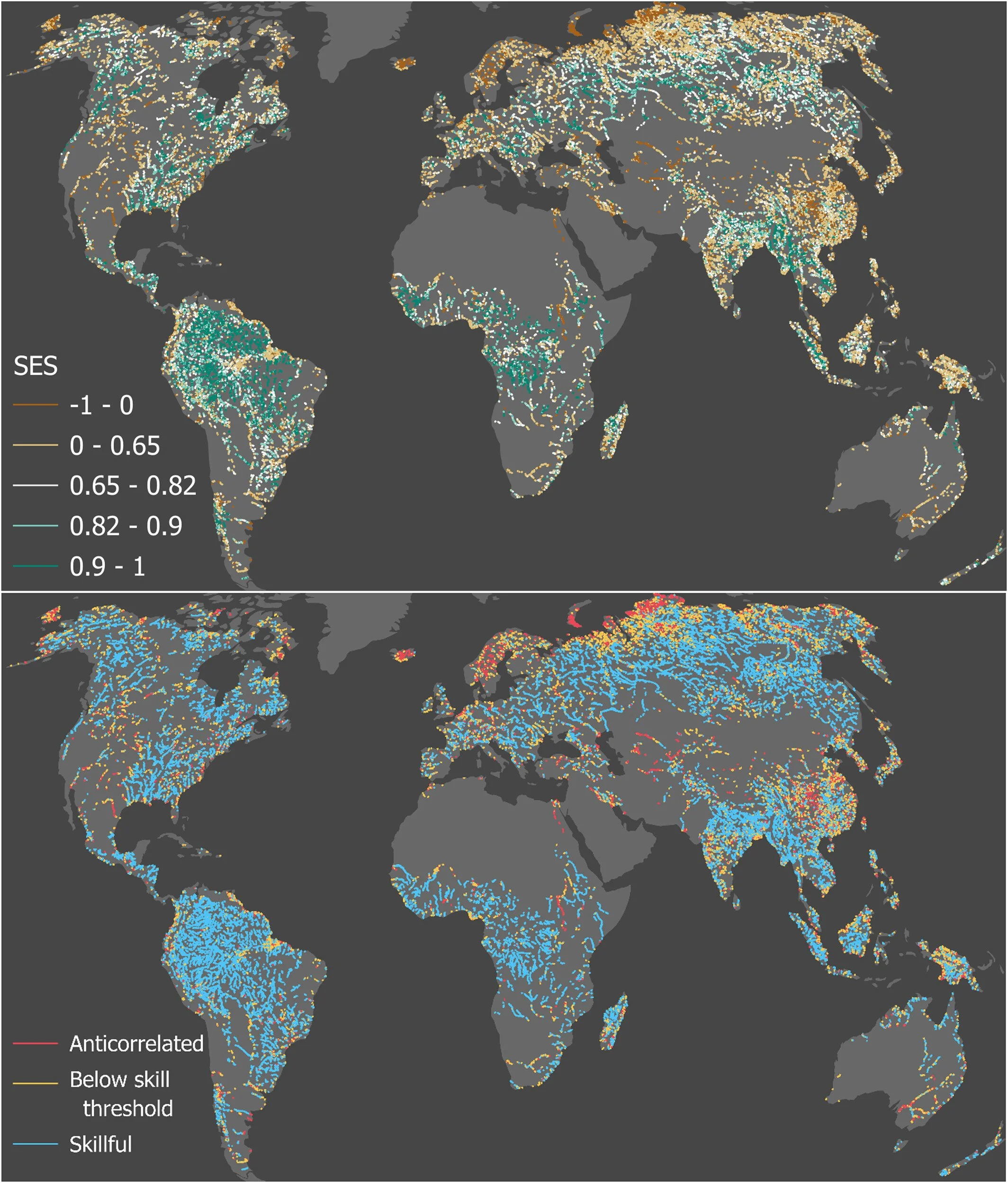 Distribución mundial del índice SES, que compara los cambios en la altura del agua observados por la misión SWOT con el caudal calculado por los modelos.
