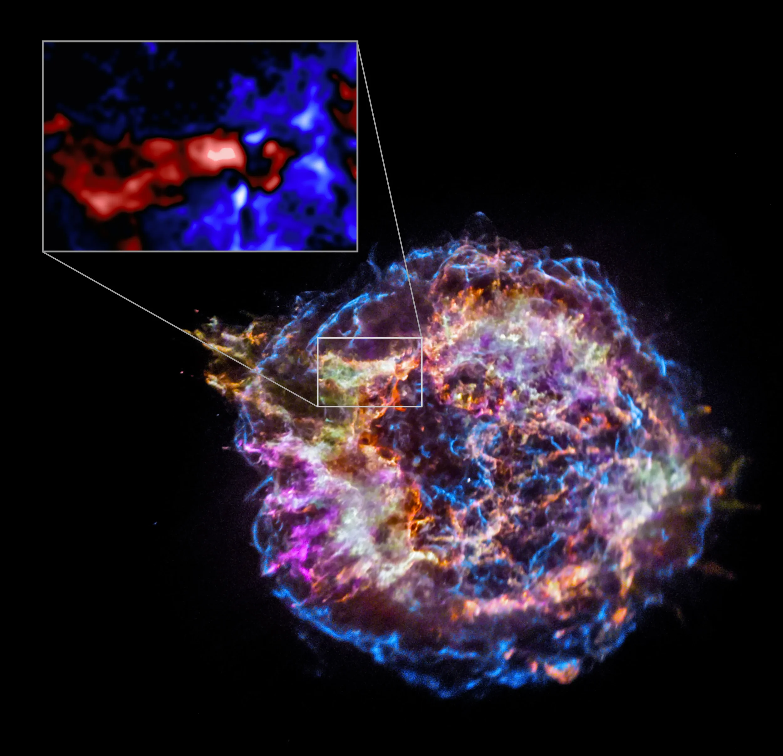 El remanente de supernova Cassiopeia A, observado en rayos X por el telescopio espacial Chandra, muestra los elementos expulsados tras la explosión de una estrella masiva hace unos 340 años.