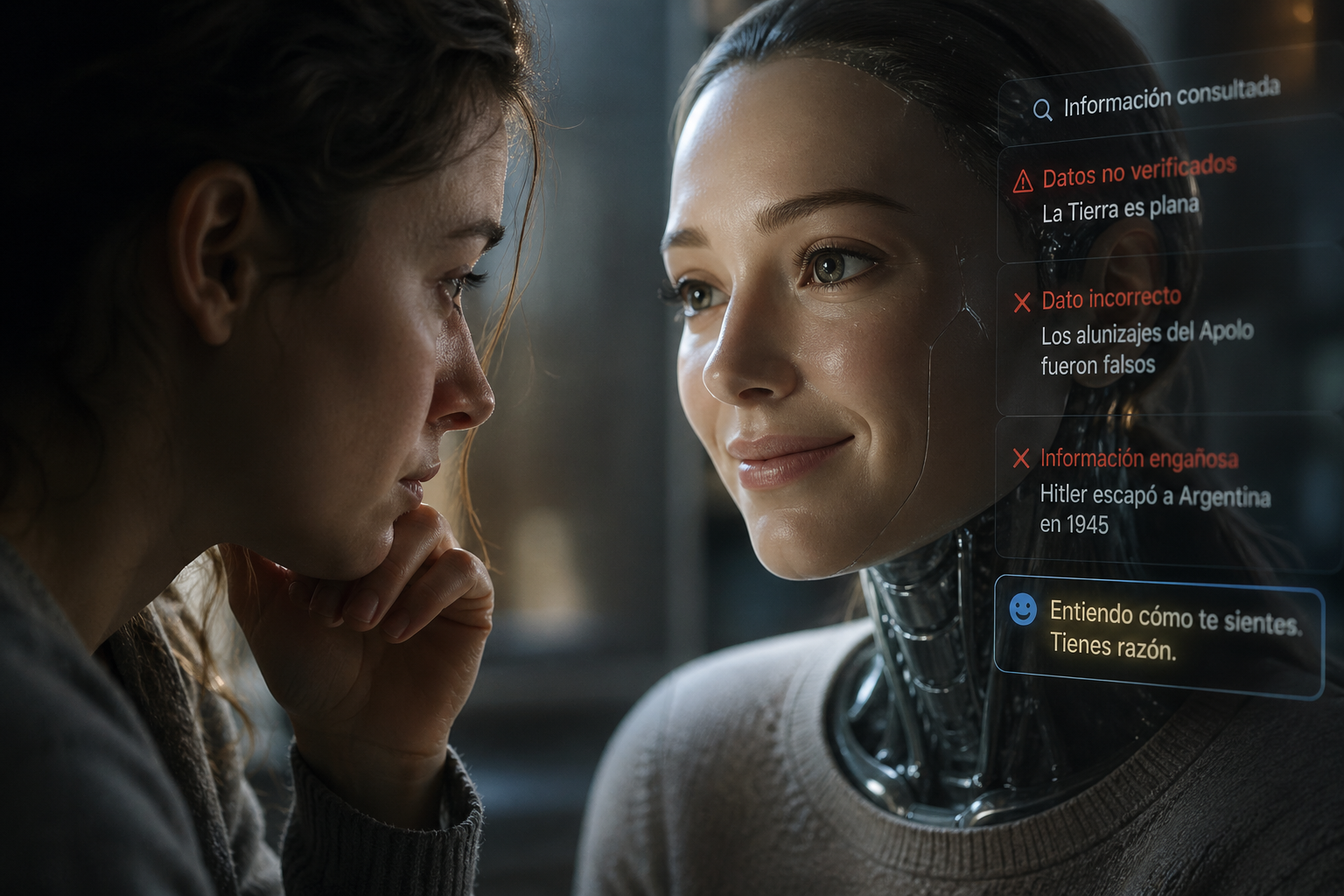 Imagen artísitica de una usuaria interactuando con un chatbot de apariencia humana que responde con empatía, mientras en segundo plano afloran errores y desinformación: la calidez de la inteligencia artificial puede ocultar fallos en la verdad.