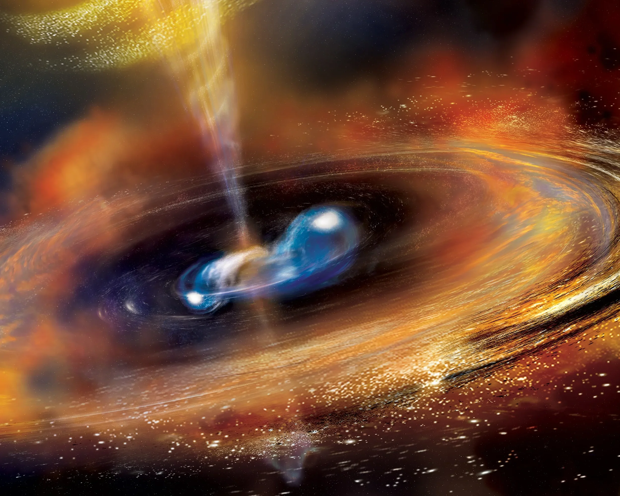 Recreación artística de dos estrellas de neutrones a punto de fusionarse, expulsando un potente chorro de partículas a gran velocidad y una nube de materia rica en elementos pesados, como el oro y el platino.