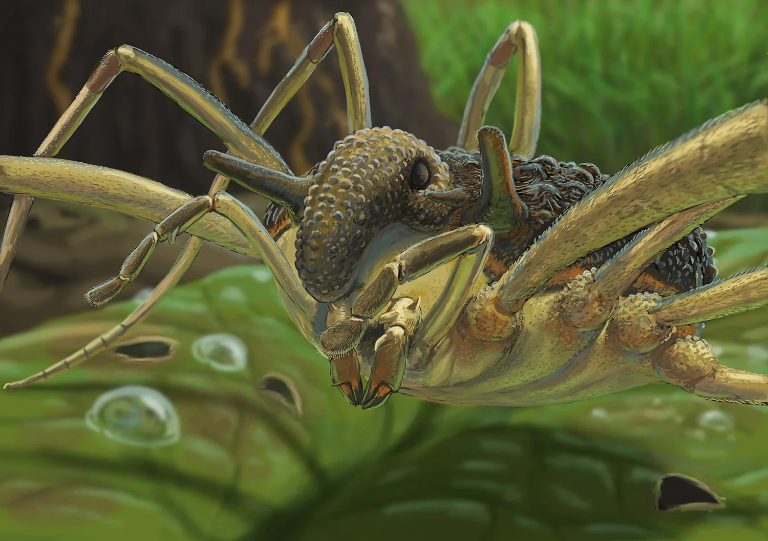 Reconstrucción del opilión fósil Balticolasma wunderlichi, una araña patona que habitó los bosques europeos hace unos 35 millones de años y hoy está extinta en el continente.