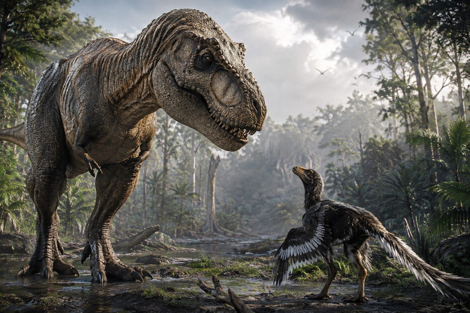 Recreación artística de un Tyrannosaurus rex frente a un Microraptor, dos dinosaurios separados por más de una tonelada de diferencia de peso.