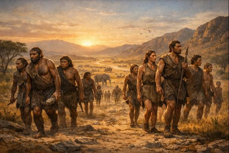 La escena representa a dos grupos de homininos con rasgos físicos distintos avanzando de forma paralela por un corredor ecológico entre África y Eurasia hace unos 1,8 millones de años.