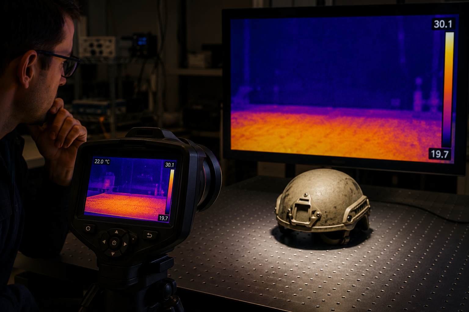 Recreación artística de un laboratorio donde se prueba un camuflaje térmico tridimensional. Aunque el objeto es perfectamente visible a simple vista, una cámara infrarroja no detecta su presencia porque la capa desvía el calor a su alrededor.