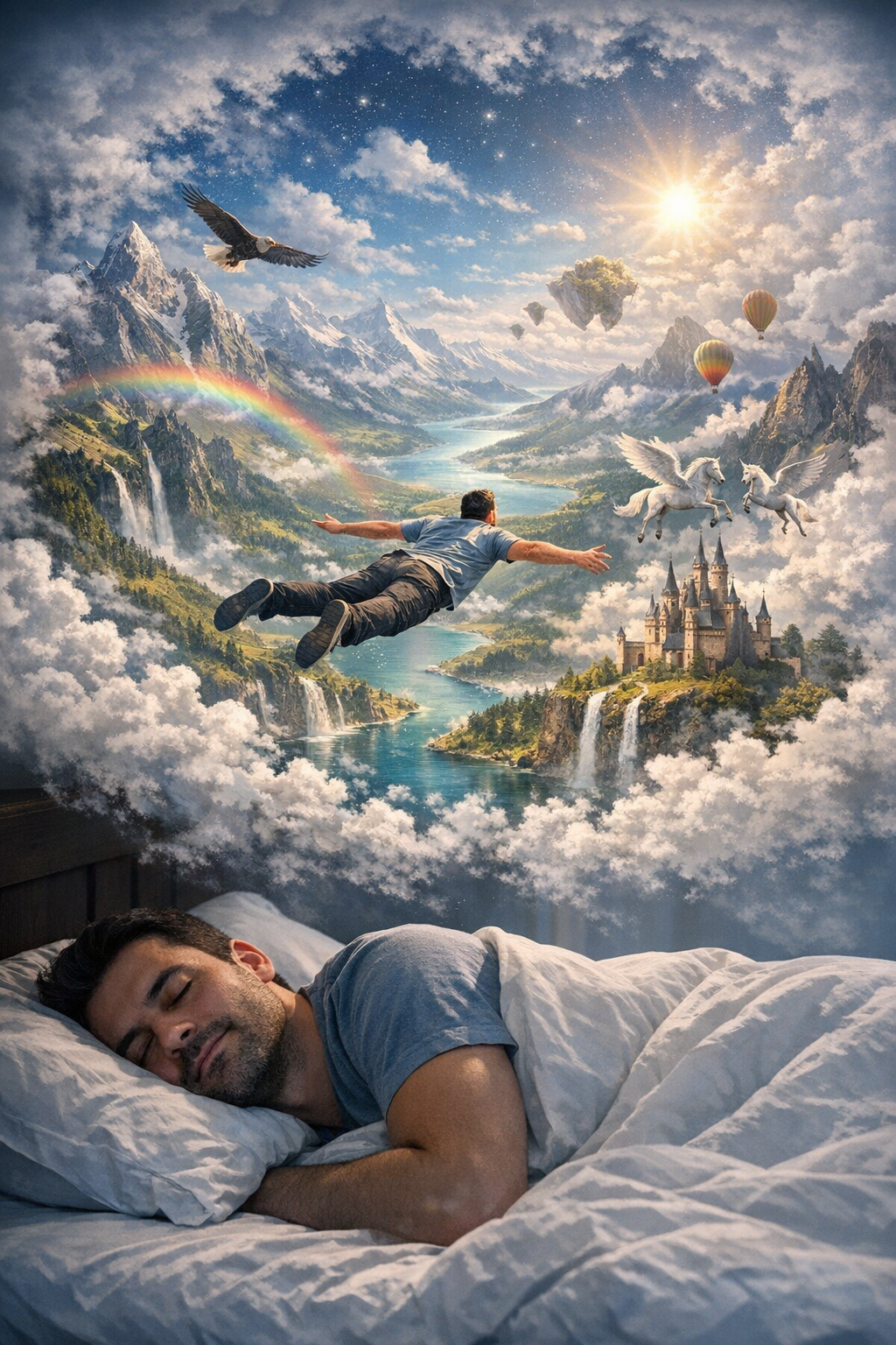 Un hombre duerme mientras su mente construye un paisaje onírico lleno de montañas flotantes, criaturas míticas y cielos imposibles; una representación visual de cómo el cerebro mezcla memoria, emoción e imaginación durante la fase REM del sueño.