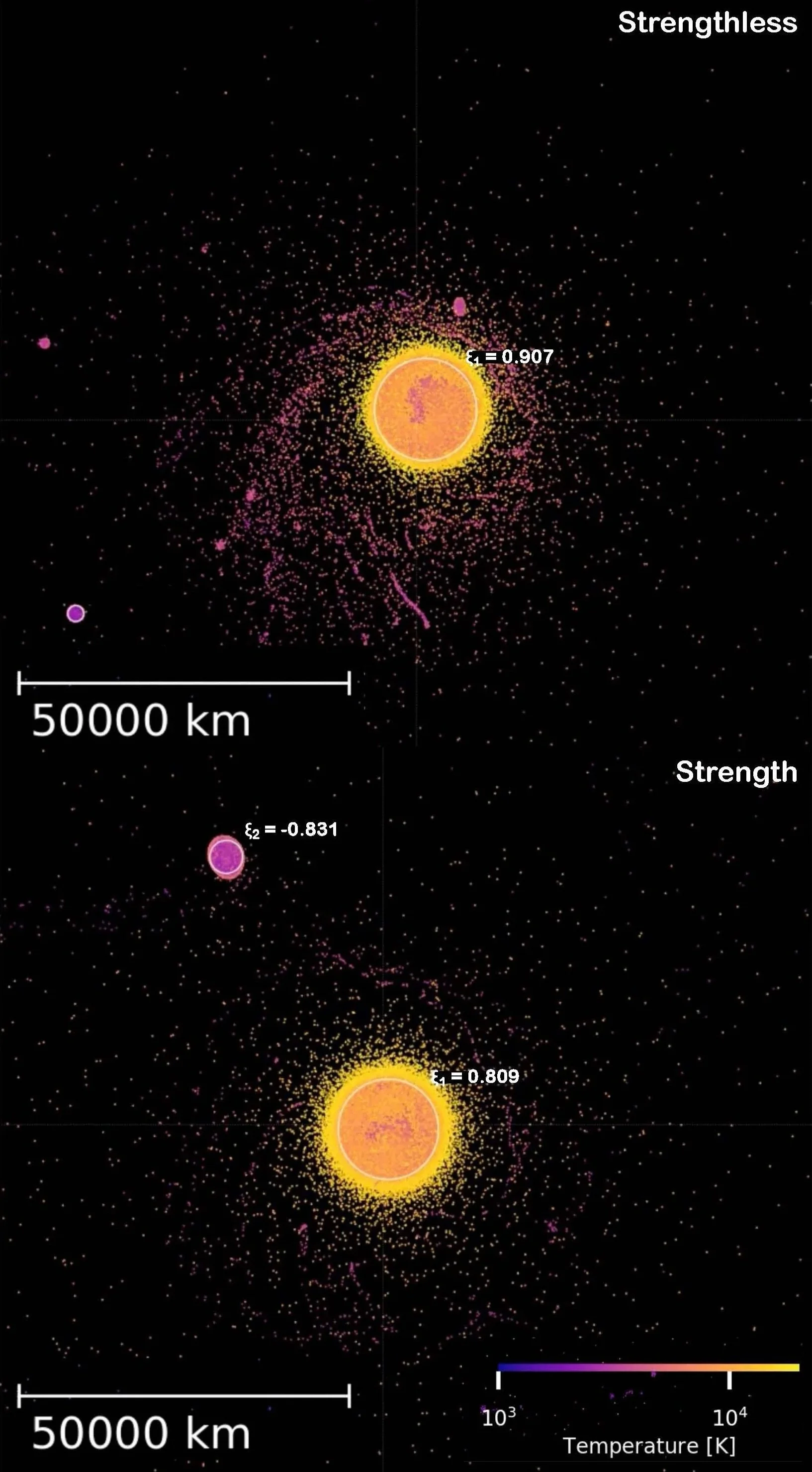 Las simulaciones que ignoran la resistencia de las rocas generan un disco de escombros del que surgiría la Luna lentamente (arriba); al incorporar esa propiedad, puede aparecer una protoluna casi intacta desde el comienzo (abajo)
