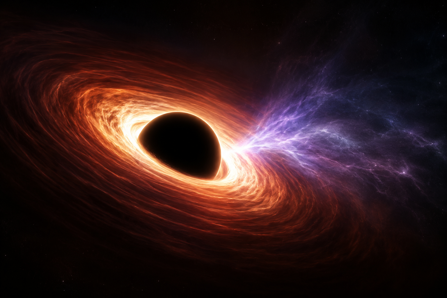 Recreación artística de la tenue radiación de Hawking escapando de las inmediaciones del horizonte de sucesos de un agujero negro.