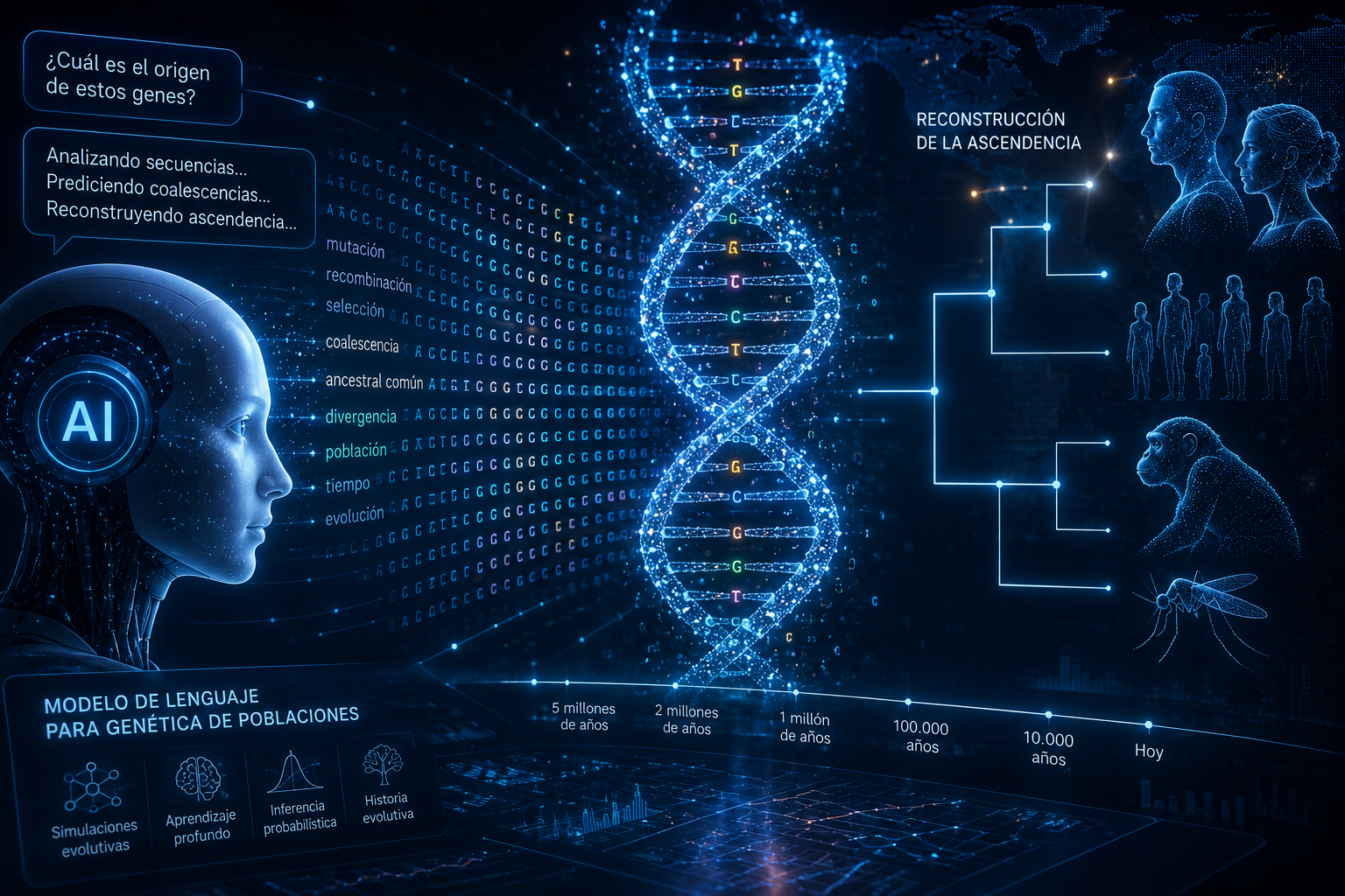La herramienta cxt utiliza una arquitectura inspirada en modelos como ChatGPT para interpretar patrones de mutaciones en el ADN y reconstruir la historia evolutiva de genes y especies a lo largo de millones de años.