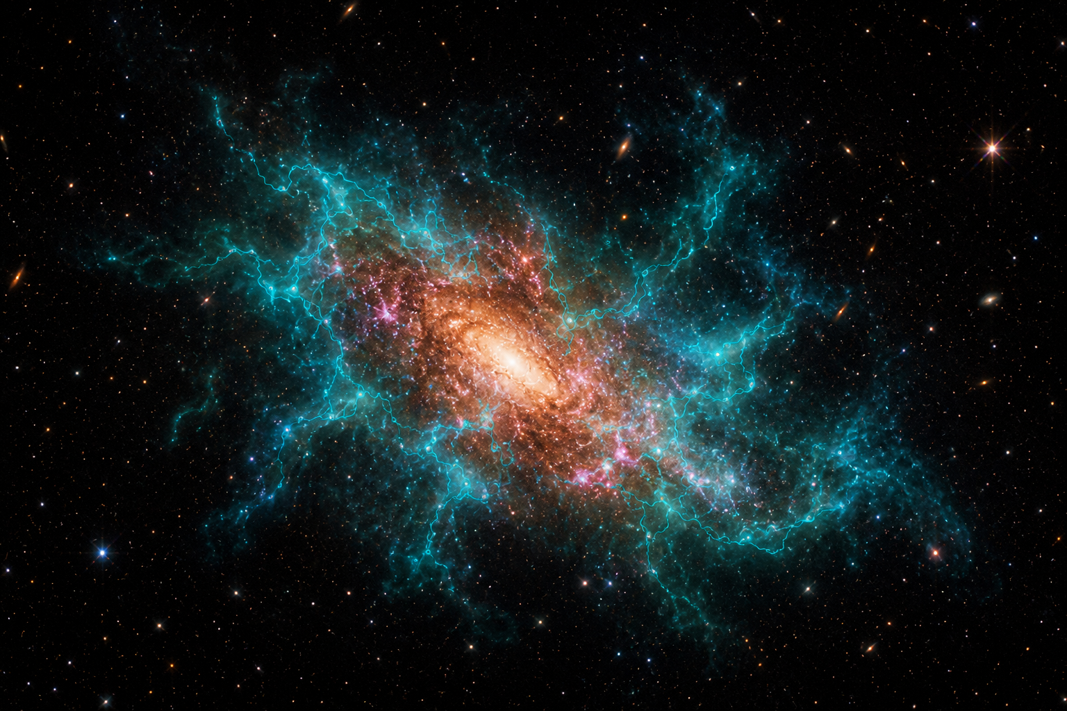 Ilustración artística de una galaxia del universo temprano rodeada por extensas reservas de gas neutro, el combustible a partir del cual nacieron las primeras generaciones de estrellas apenas unos cientos de millones de años después del big bang.