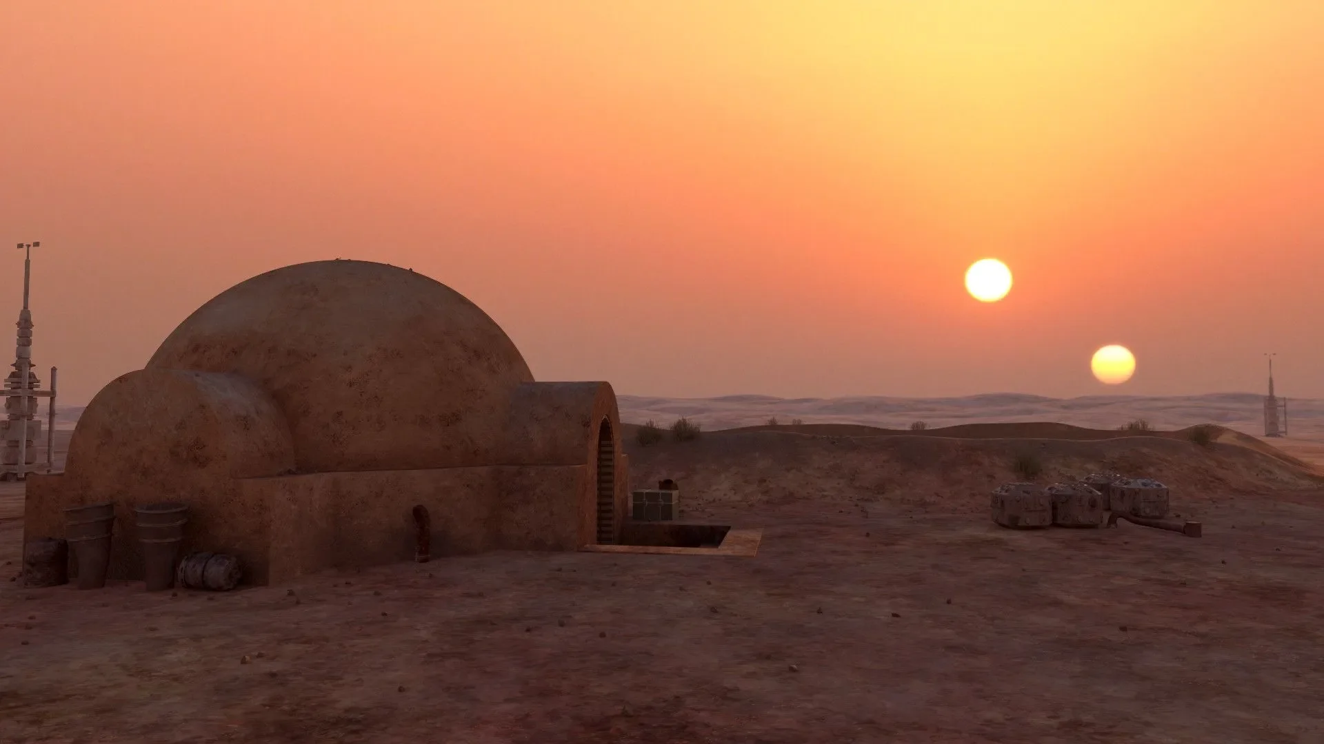 Imagen de Tatooine, el icónico planeta ficticio de Star Wars iluminado por dos soles, convertido durante décadas en el símbolo cultural de los llamados planetas circumbinarios.