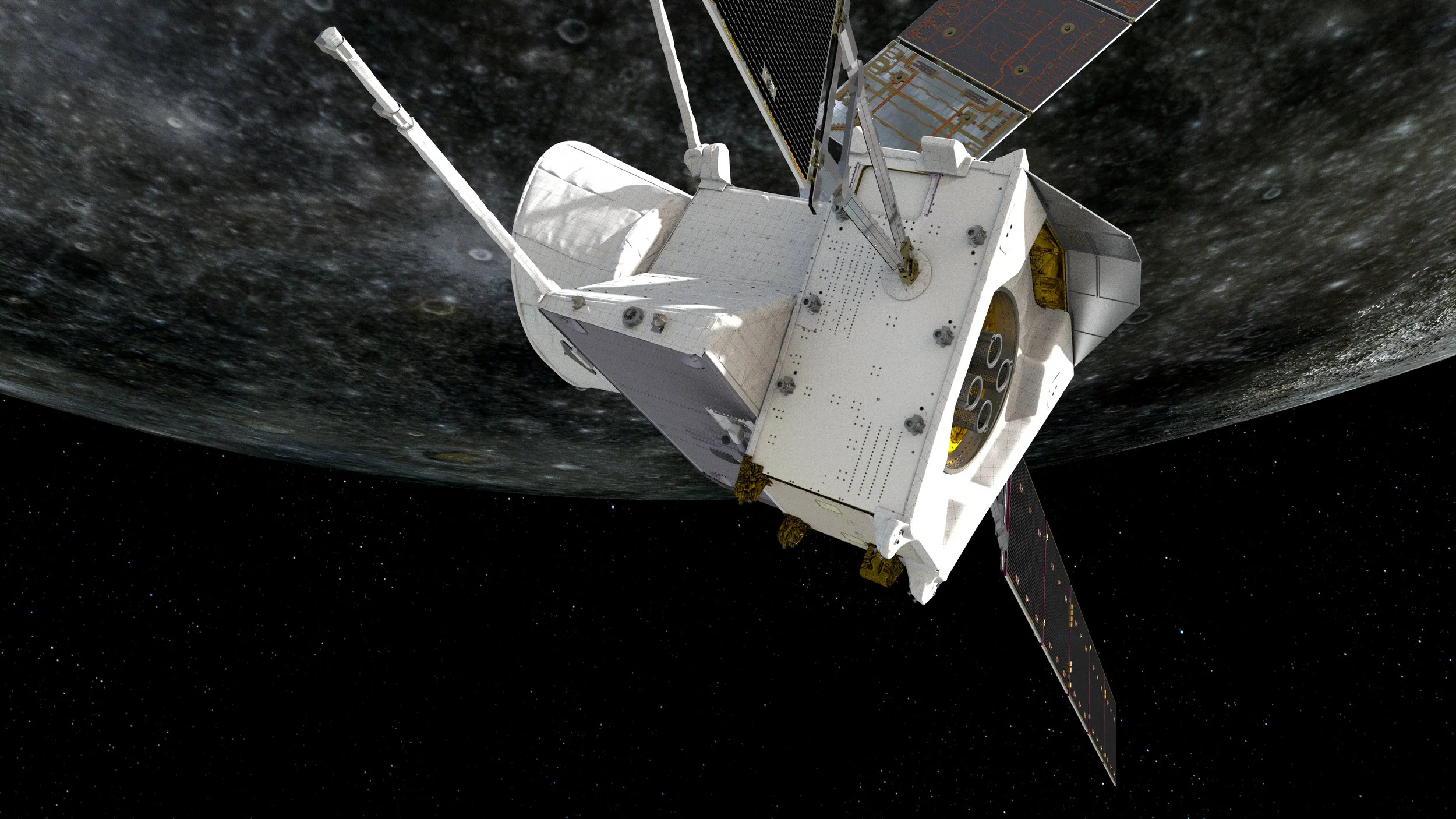 Recreación artística de BepiColombo sobrevolando Mercurio. La misión de la ESA y JAXA estudiará la composición, el campo magnético y la estructura interna del planeta.