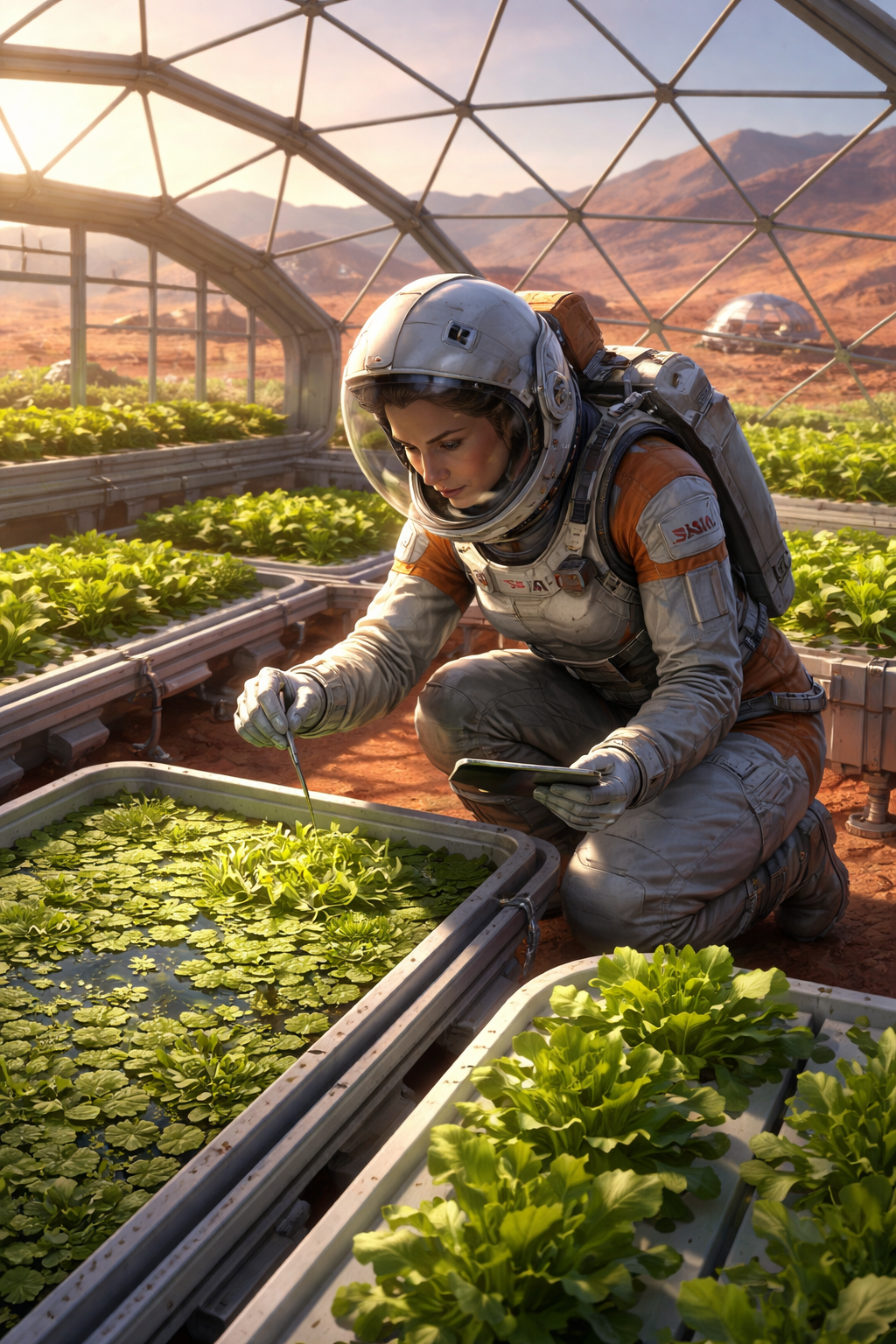 Imagen futurista de una astronauta trabajando en un invernadero marciano autosuficiente, donde cultivos hidropónicos crecen gracias a fertilizantes generados a partir de cianobacterias y recursos locales.