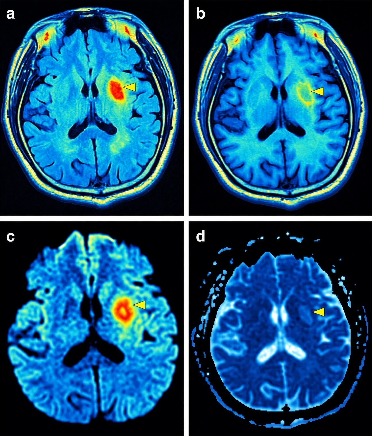 Resonancias magnéticas coloreadas del cerebro a la altura del cuerpo estriado. Las puntas de flecha señalan un infarto subagudo o crónico en el putamen izquierdo.