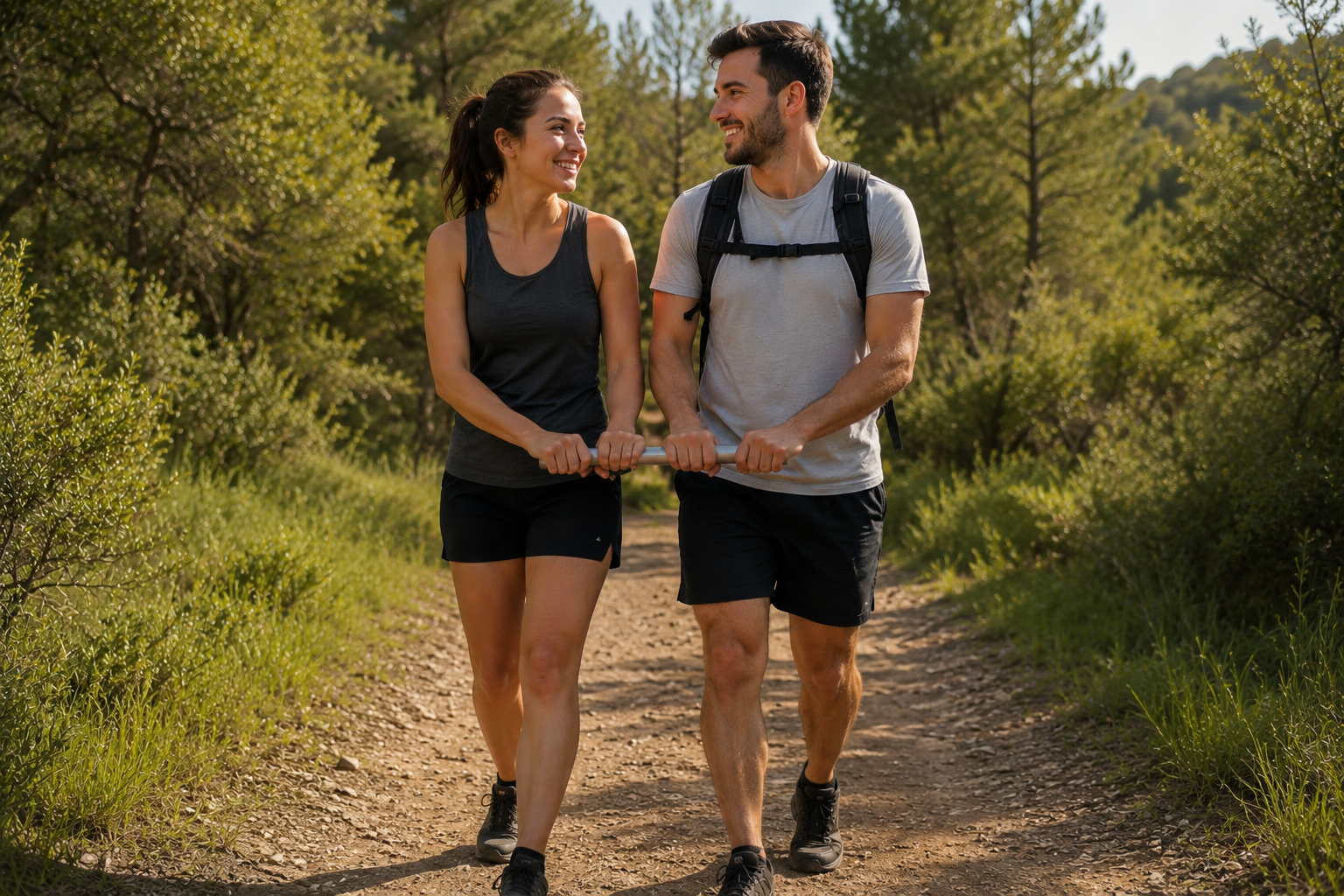 Dos personas caminan por un sendero sujetando una barra rígida compartida, una sencilla conexión física que, según el estudio, permite intercambiar información táctil y mejorar la estabilidad cuando uno de los caminantes pierde el equilibrio.