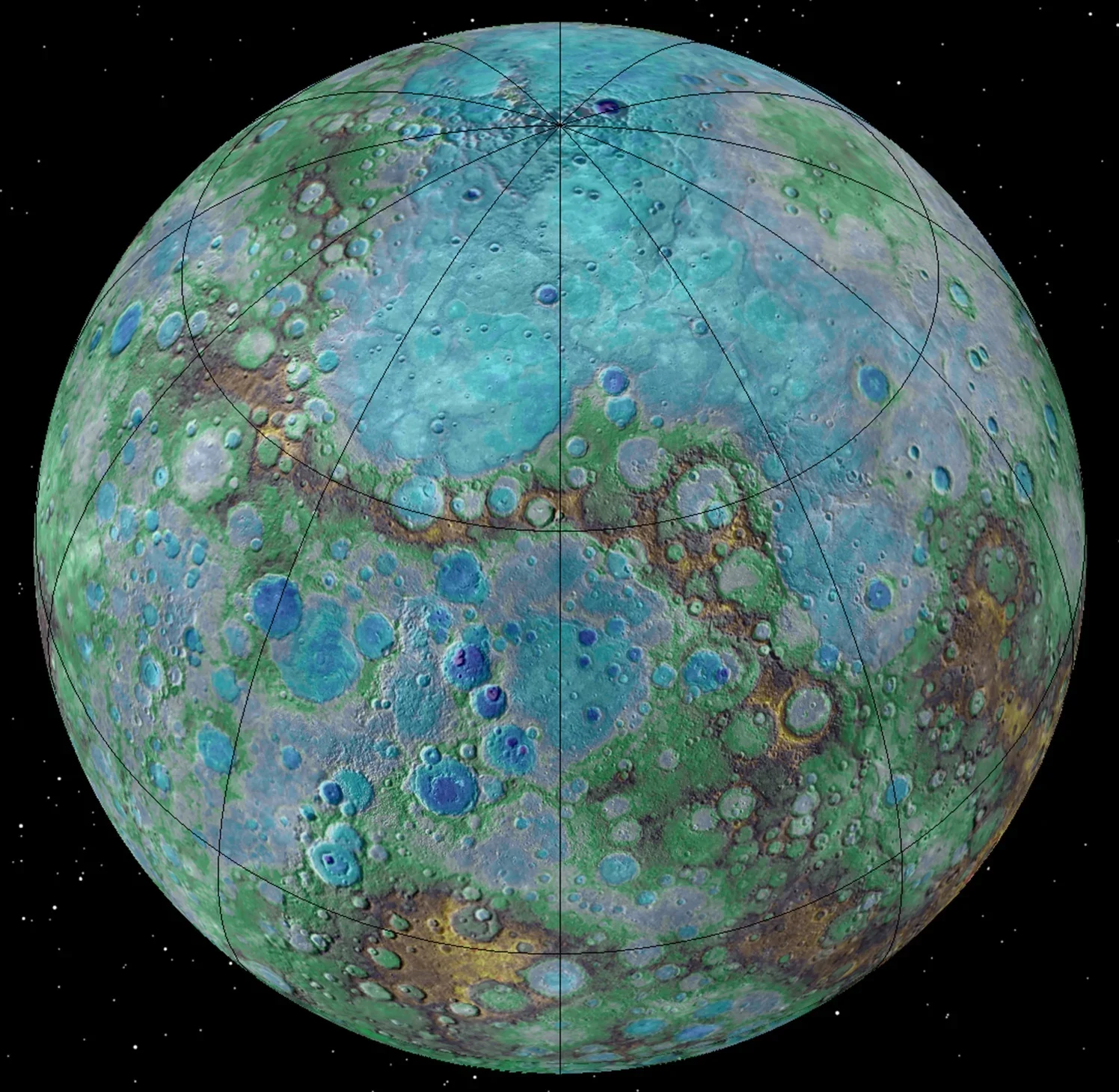Mapa global de Mercurio en color realzado elaborado con imágenes de MESSENGER. Los tonos destacan diferencias químicas, mineralógicas y físicas entre sus terrenos.