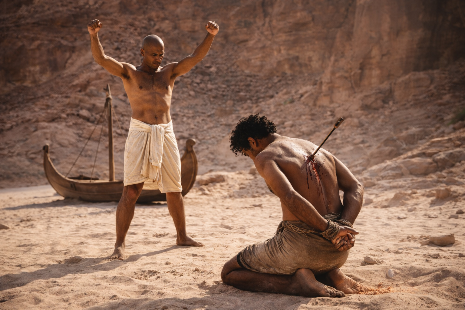 Recreación visual de la escena grabada en Wadi Khamila (Sinaí). Un hombre egipcio avanza con los brazos alzados en gesto de victoria frente a un individuo local arrodillado, con las manos atadas a la espalda y una flecha clavada en el pecho