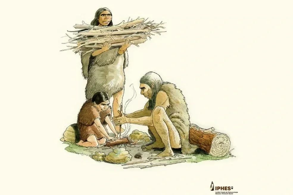 Recreación de la recogida de leña y el encendido del fuego en un campamento neandertal.