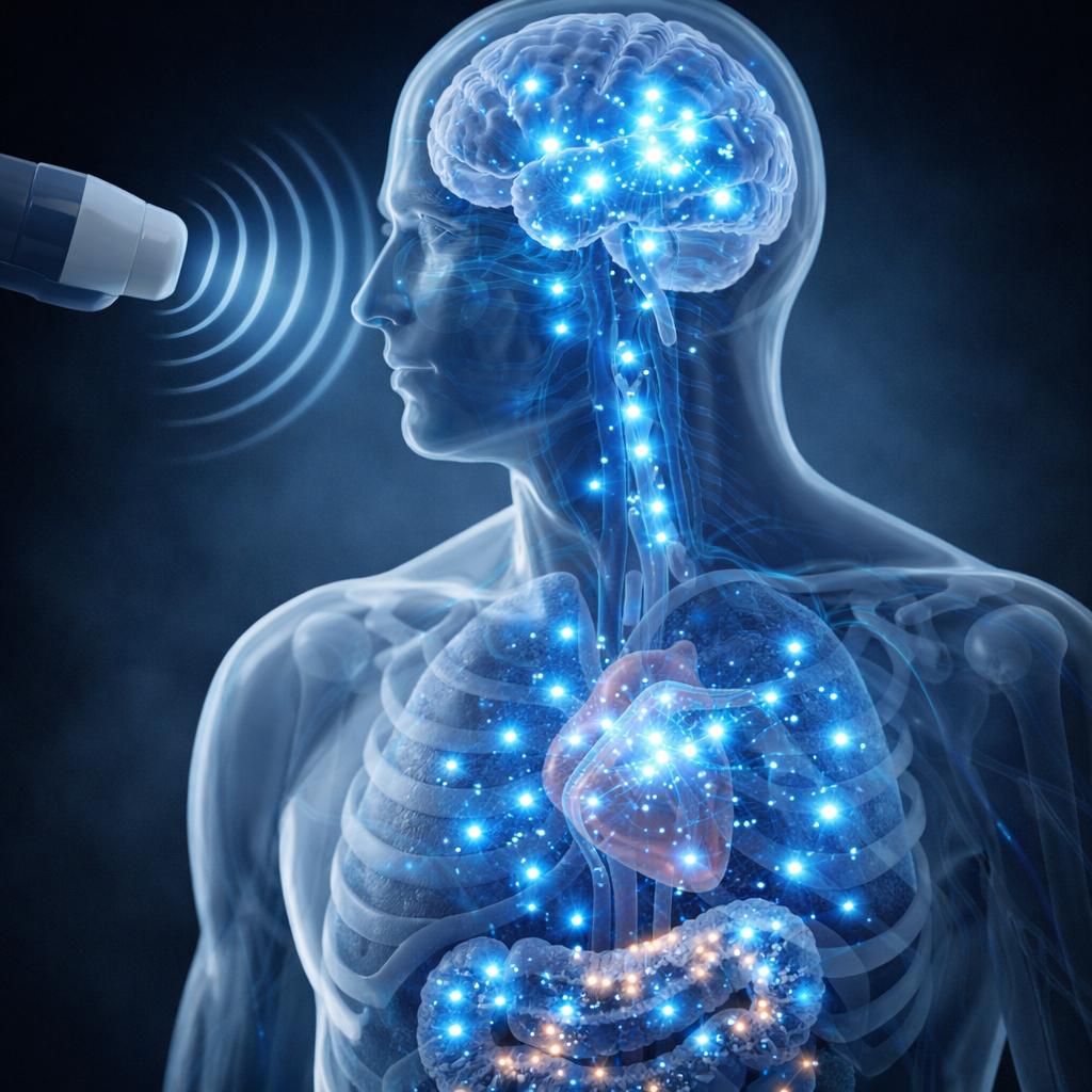 Recreación fotorrealista del experimento: ondas de ultrasonido atraviesan el cuerpo y activan nanopartículas que emiten luz en órganos profundos, como el cerebro o el corazón, sin necesidad de cirugía.
