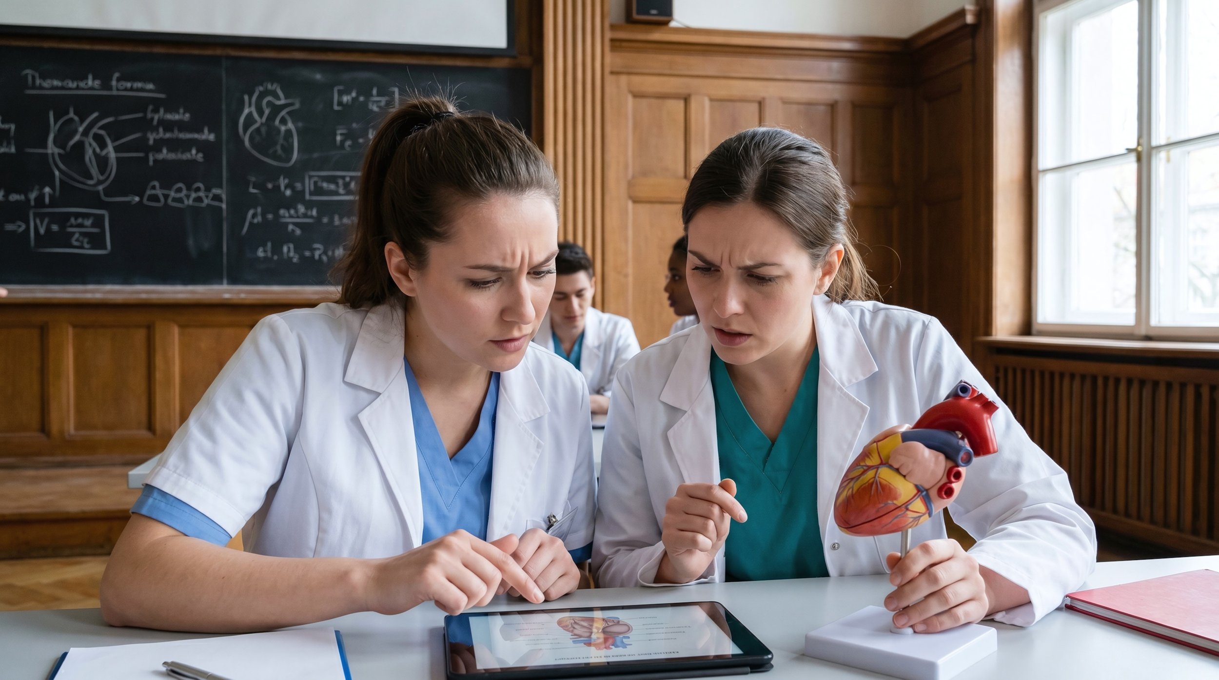 Estudiantes de medicina analizan la fisiología cardíaca en el aula junto a un modelo anatómico del corazón.