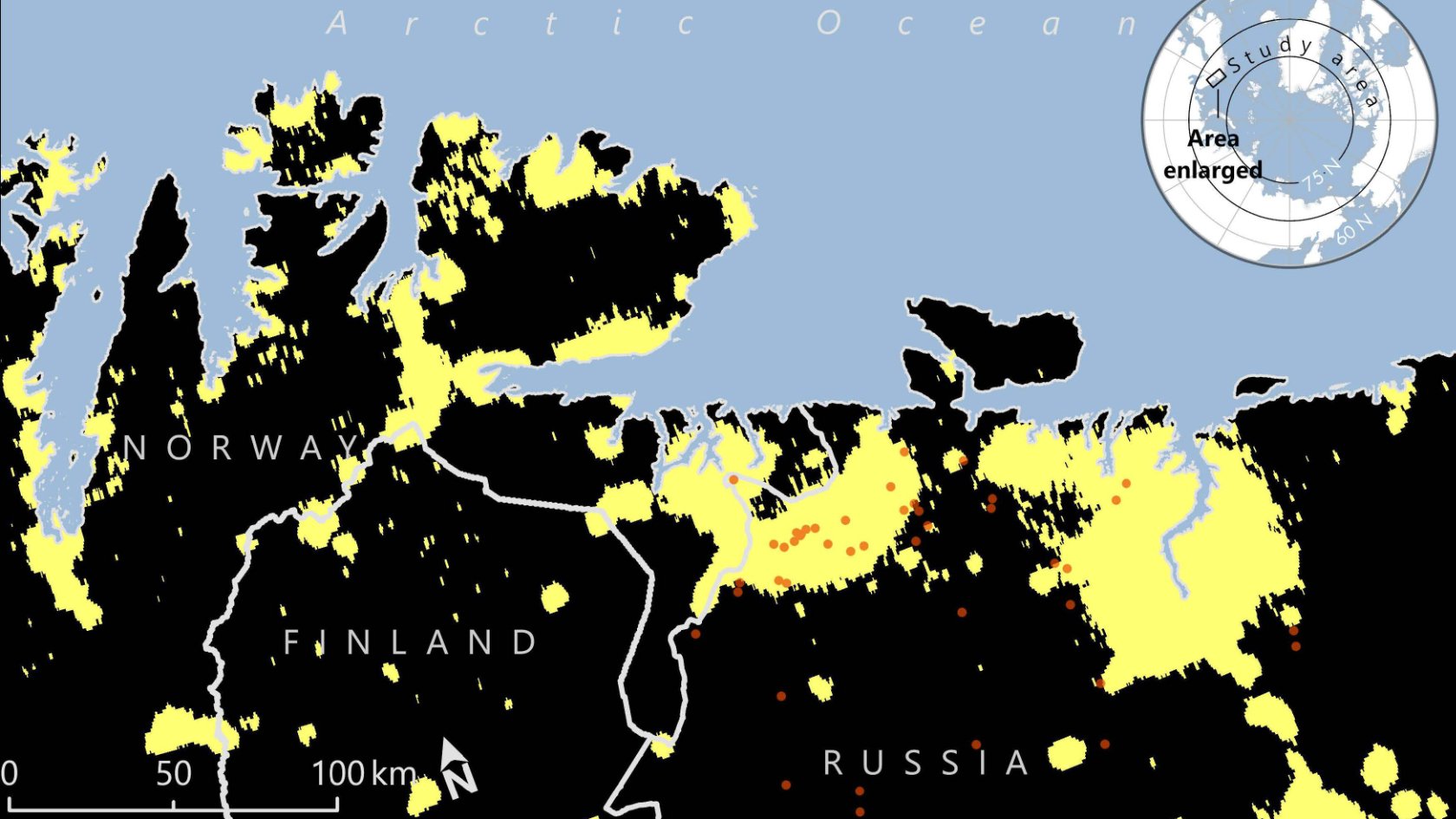 Mapa del Ártico europeo que muestra la distribución de los incendios registrados entre 2001 y 2013 (puntos rojos) y las zonas con actividad humana detectadas mediante iluminación artificial nocturna (amarillo).