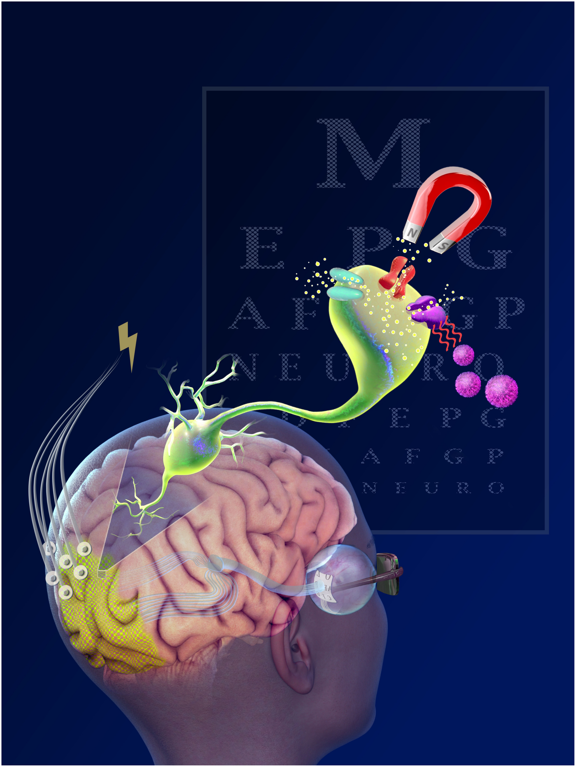 Ilustración conceptual de las distintas estrategias para restaurar la visión artificial mediante la estimulación eléctrica, luminosa y magnética del sistema visual.