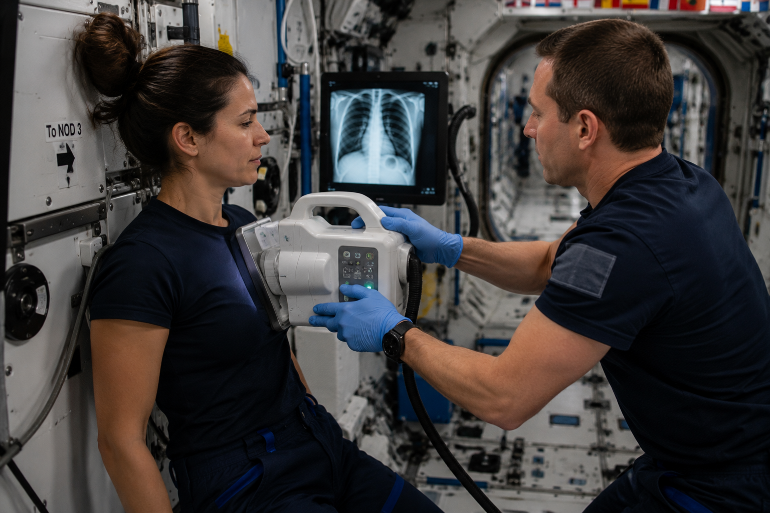 Recreación artística de una exploración con rayos X portátil en el interior de una nave espacial.