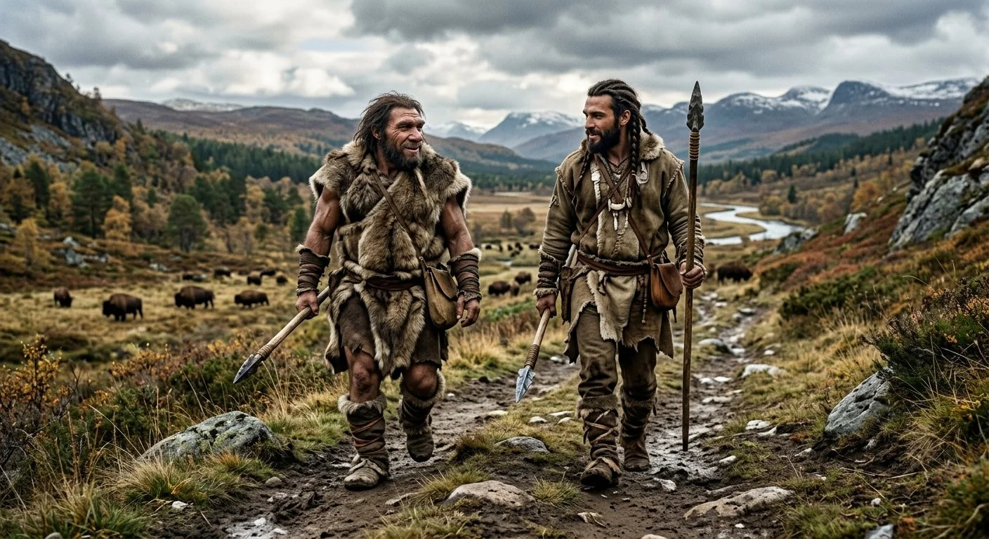 Recreación artística de un neandertal y un Homo sapiens durante un desplazamiento por un paisaje del Pleistoceno.