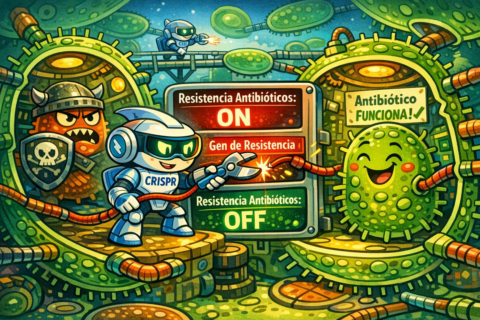 Ilustración conceptual de una herramienta genética basada en CRISPR propagándose entre bacterias para desactivar los genes que les confieren resistencia a los antibióticos y devolver su sensibilidad a los tratamientos.