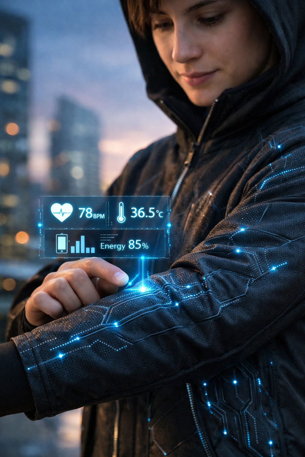 Recreación artística de una prenda fabricada con tejidos inteligentes basados en MXenes: la ropa integra sensores que monitorizan señales biométricas y permite interactuar con interfaces digitales directamente desde la tela.