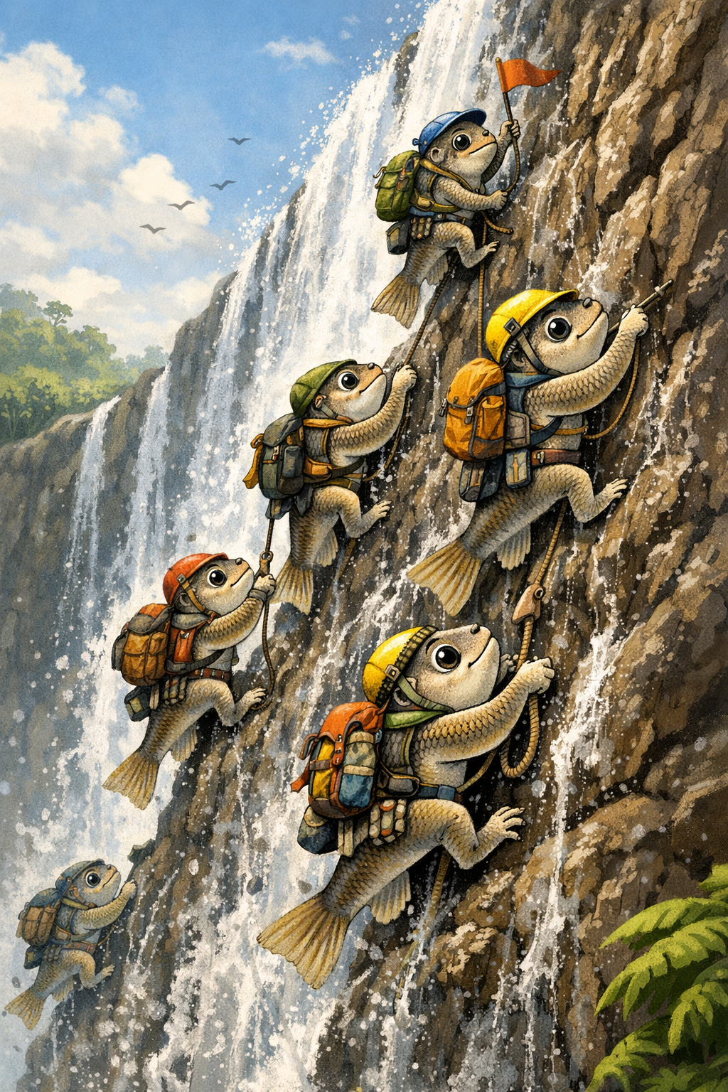 Ilustración conceptual de un grupo de peces Parakneria thysi humanizados escalando una cascada como si fueran montañeros, una metáfora visual de su sorprendente capacidad real para trepar paredes de roca en los ríos del Congo