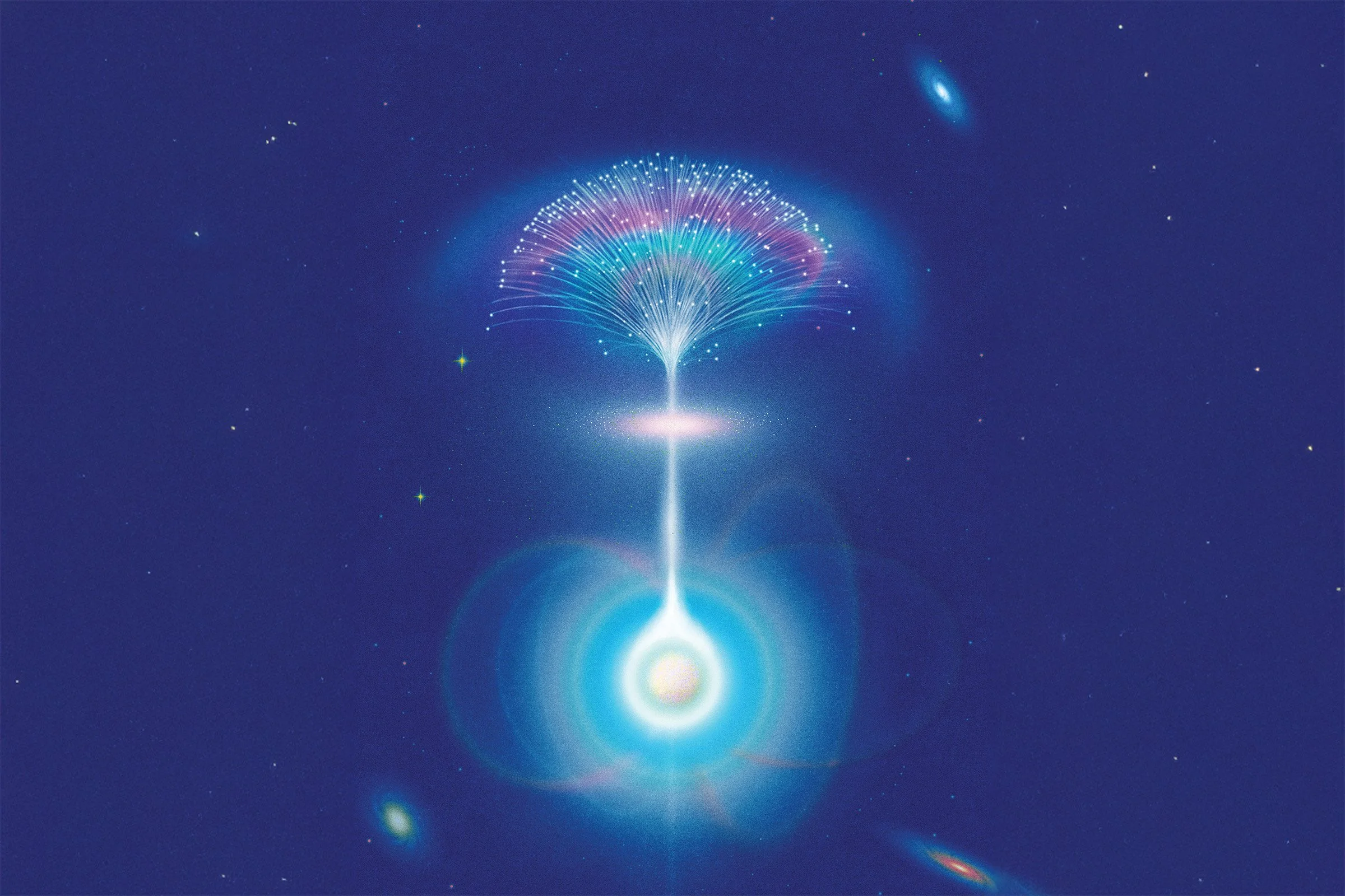 Ilustración artística de una ráfaga rápida de radio (FRB) emitida por una estrella de neutrones. Al atravesar el plasma que rodea su galaxia de origen, las ondas de radio se desvían por distintos caminos.