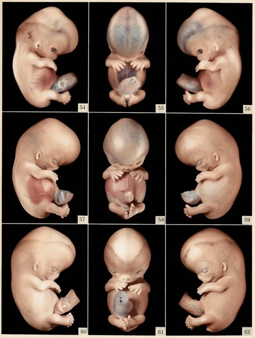 Distintas vistas de embriones humanos durante el desarrollo prenatal, una etapa crucial para la formación del cerebro y la selección de las neuronas que sobrevivirán.