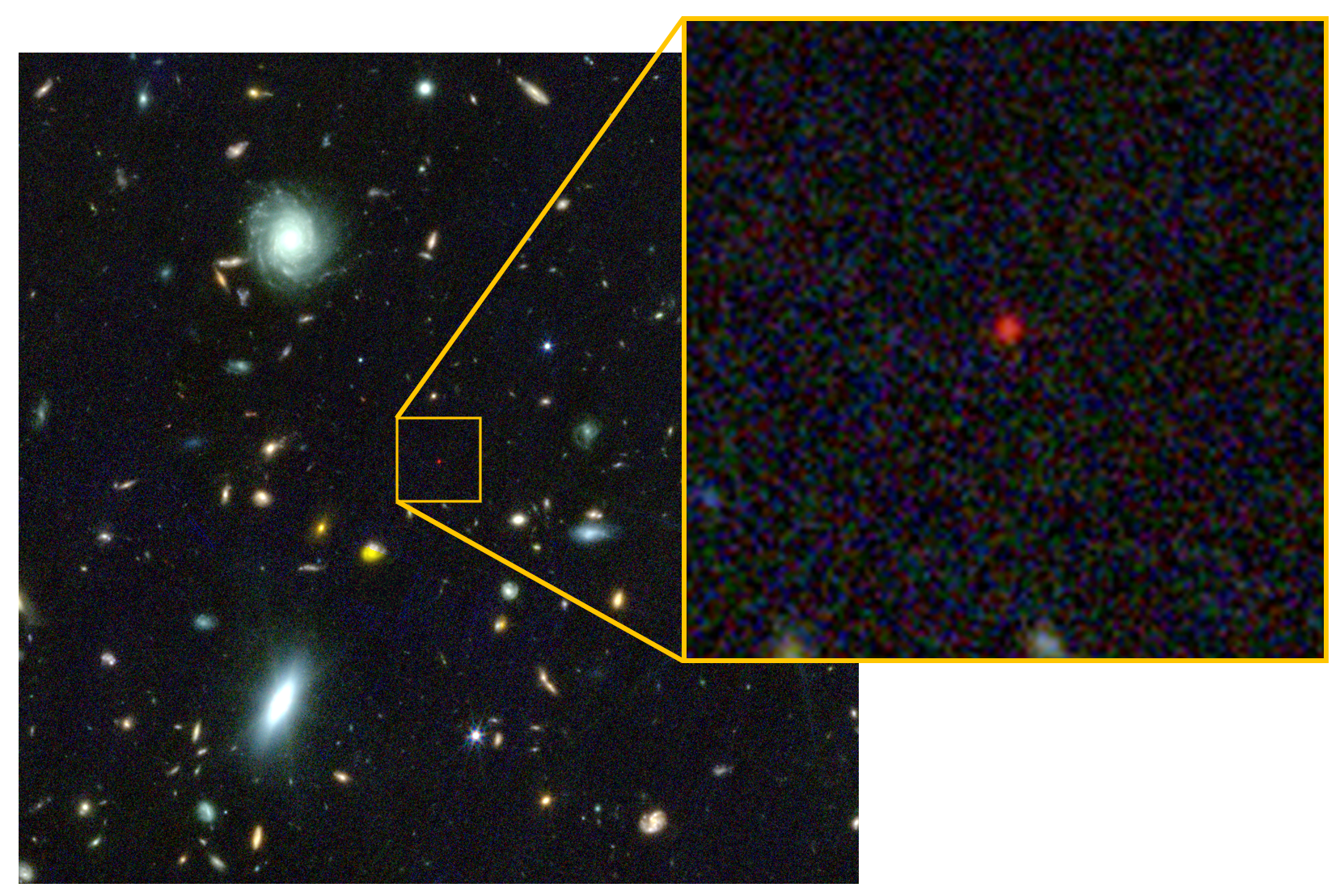 La estrella de agujero negro destaca como un diminuto punto rojo en estas imágenes obtenidas por James Webb.