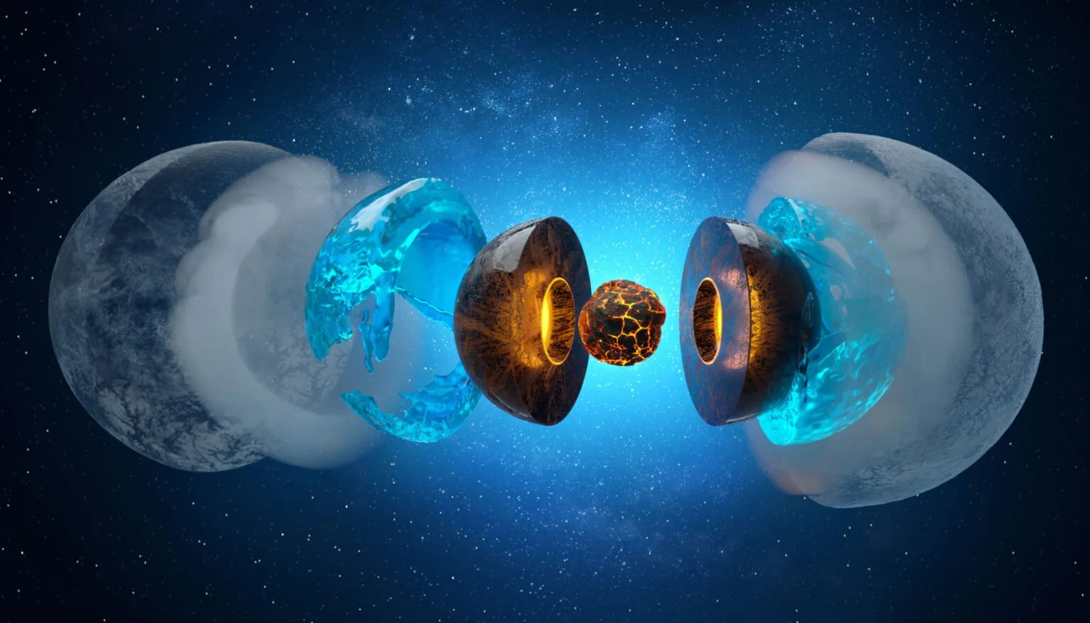 Bajo la atmósfera de este planeta gigante helado aparece una capa rica en agua (azul), donde podrían existir distintas formas de hielo superiónico, separada de otra más profunda de carbono, nitrógeno e hidrógeno (ámbar).