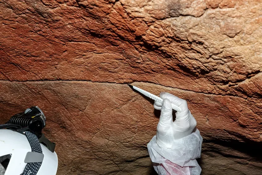 Un investigador toma una muestra microscópica de pigmento en una figura claviforme de la cueva del Tebellín (Asturias).