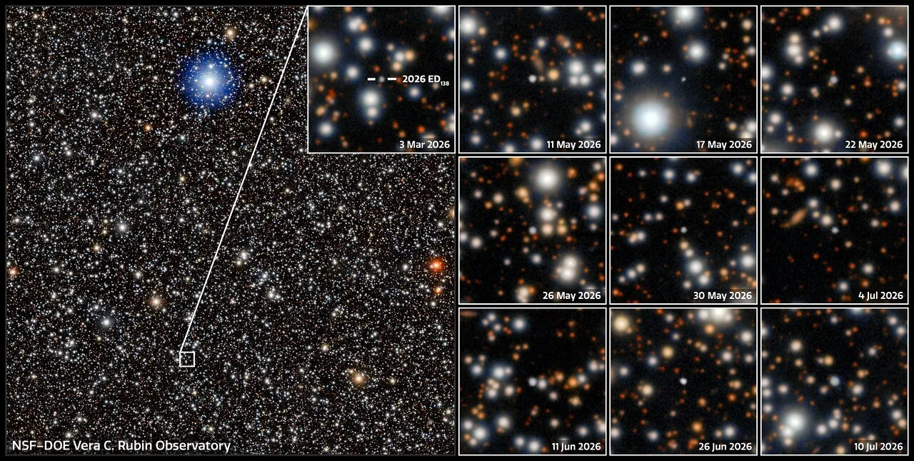Mosaico de imágenes del Observatorio Vera C. Rubin que muestra el desplazamiento del candidato a planeta enano 2026 ED138 entre marzo y julio de 2026. Este mundo helado, situado más allá de Plutón, había pasado inadvertido durante años.