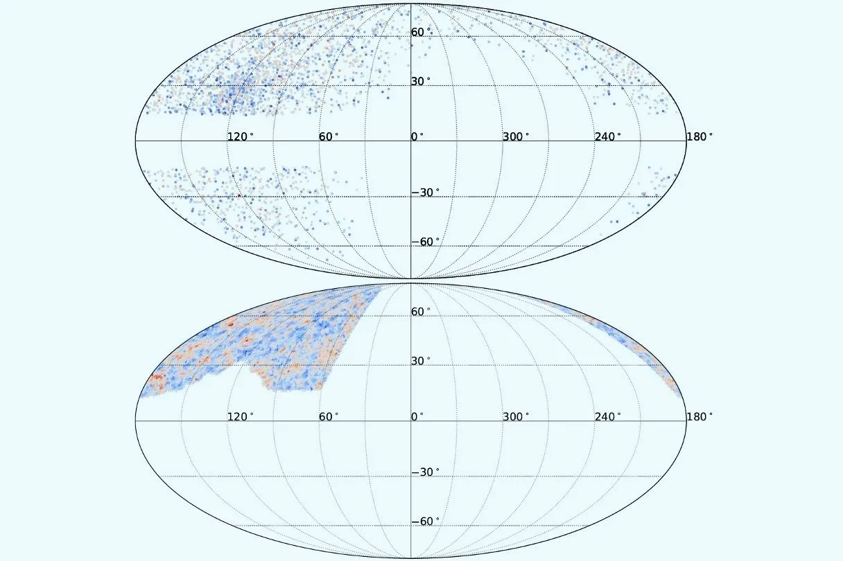 Mapa del cielo que compara la distribución de las ráfagas rápidas de radio (arriba) con la de millones de galaxias (abajo). La coincidencia entre ambos patrones permitió detectar la materia bariónica perdida.