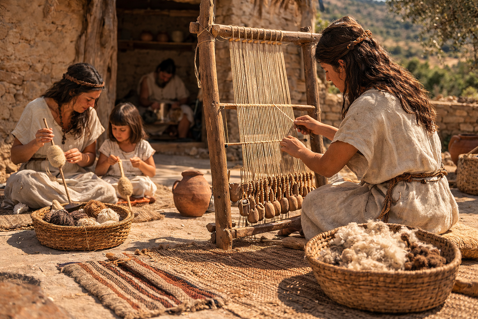 Recreación de la producción textil en la península ibérica durante la Edad del Bronce (c. 1500 a. C.), con mujeres trabajando en un telar vertical con pesas y hilando fibras en un poblado como Cabezo Redondo (Alicante).