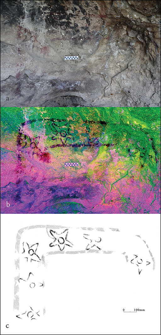 Tercer glifo: el marco estrellado de la cueva 19, en la fotografía original (a), una versión que realza el pigmento (b) y un dibujo de sus trazos (c). Sobre la pintura se observan las manchas negras dejadas por el fuego.