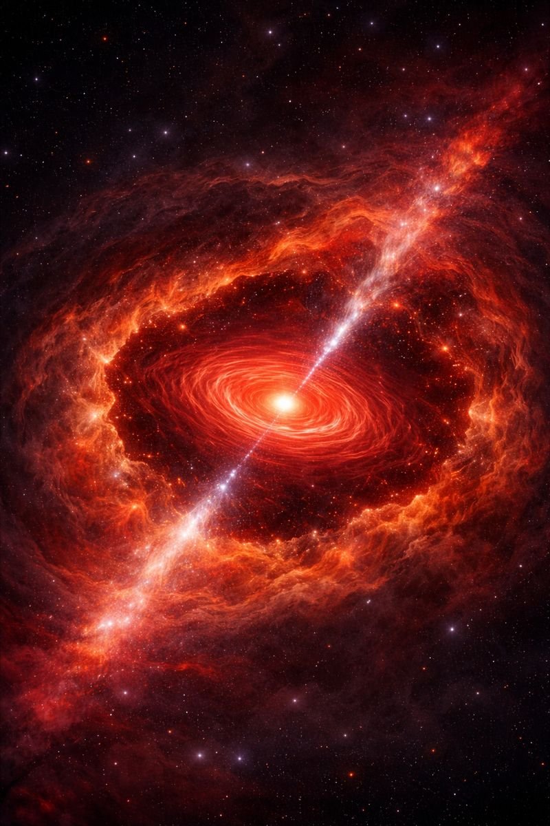 Ilustración artística de un little red dot: un agujero negro supermasivo joven en el universo primitivo, envuelto en un denso capullo de gas ionizado.