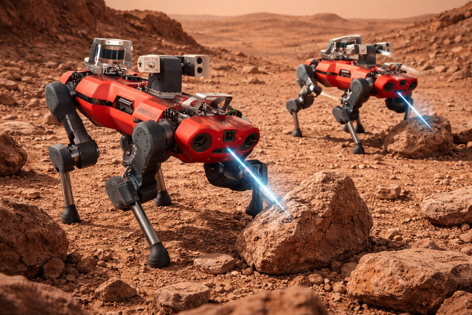 Imagen conceptual de dos robots cuadrúpedos autónomos analizan rocas en la superficie de Marte, utilizando espectroscopía láser y sensores avanzados para identificar posibles bioseñales y recursos minerales sin intervención humana directa.