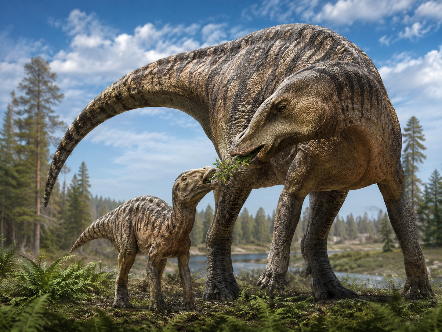 Reconstrucción artística de una hembra adulta de Maiasaura alimentando a su cría con vegetación tierna, una conducta de cuidado parental que, según un nuevo estudio sobre desgaste dental fósil, podría haber sido similar a la de muchas aves actuales.