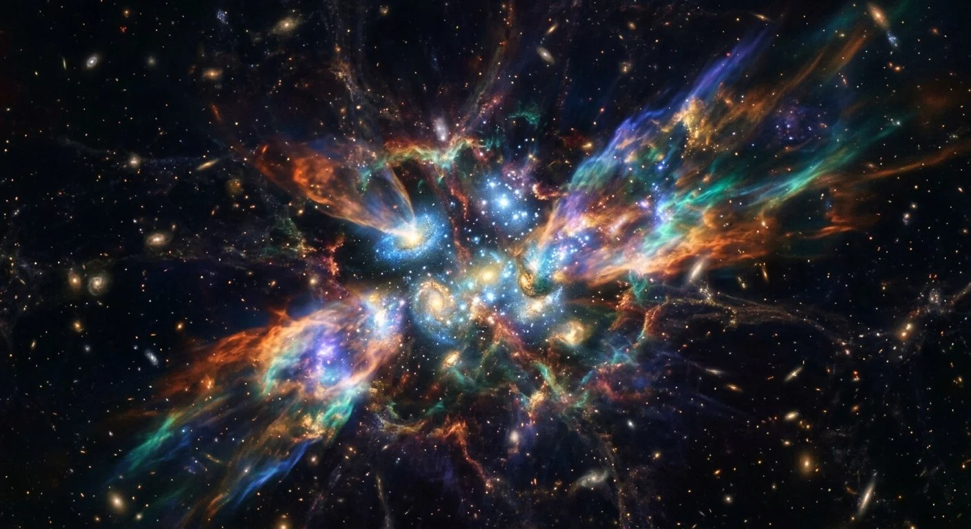 La imagen ilustra cómo el gas enriquecido con oxígeno, carbono y otros elementos pudo desplazarse hacia sus alrededores mediante vientos galácticos