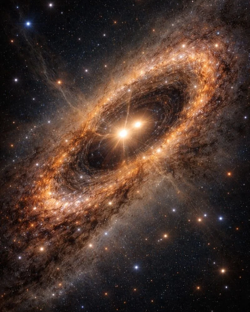 Representación artística del núcleo doble de la galaxia NGC 4486B: las estrellas siguen órbitas excéntricas alrededor de un agujero negro supermasivo que habría recibido una patada gravitatoria tras fusionarse con otro.