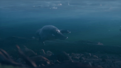 nimación de un Kank australis pescando en un río del Cretácico.